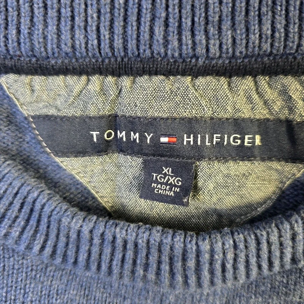 Tommy Hilfiger Sweater Mens XL Blue Burgundy Striped Crew Neck Knit Pullover